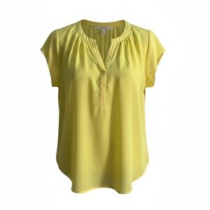 Fun 2 Fun Yellow Pleated V-Neck Cap Sleeve Blouse | Work or Casual Top Medium